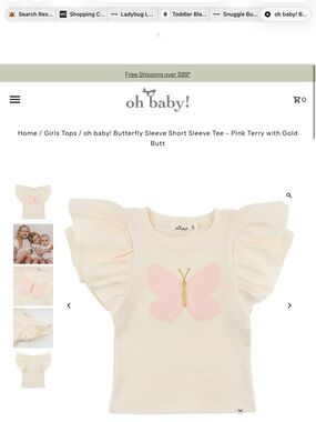 oh baby! Girls' Cream Flutter Sleeve Tee with Pink Butterfly and Gold Detail